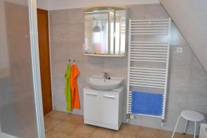 a bathroom with a sink and a mirror at Ferienwohnungen Edelweiss in Schulenberg im Oberharz