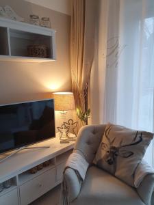 Televízia a/alebo spoločenská miestnosť v ubytovaní Apartament Prestige & Sea Playa Baltis 44