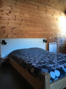 a bed in a room with a wooden wall at Appartement de montagne Briançon in Briançon
