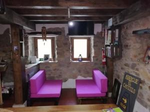 ビジャフランカ・デル・ビエルソにあるAlbergue el Castilloの石造りの壁の客室内のピンクの椅子2脚