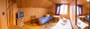 a small room with a bed and a tv at Cottage Gutsulia in Yaremche