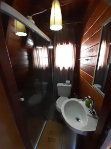 a bathroom with a sink and a toilet and a light at Villa Valentina chalés com lareira e churrasqueira in Campos do Jordão