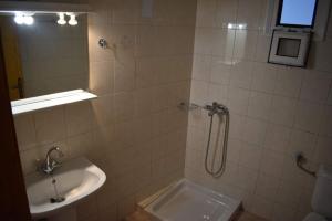 a bathroom with a shower and a sink at Mesohori studios in Sfakia