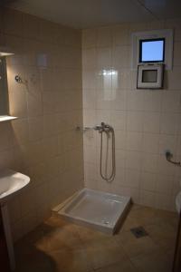 ein Bad mit einer Dusche, einem Fenster und einem Waschbecken in der Unterkunft Mesohori studios in Sfakia