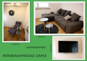 two pictures of a living room with a couch and a tv at Cama in Schuttertal