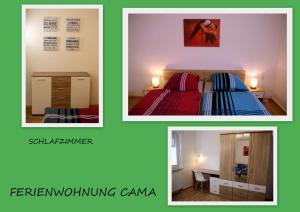 3 fotos de una habitación con cama y escritorio en Cama, en Schuttertal