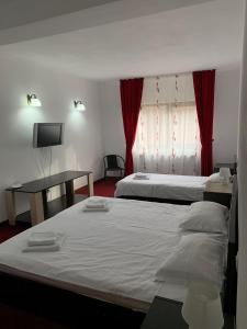 1 dormitorio con 2 camas, escritorio y TV en Hotel River en Borşa