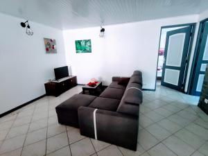 uma sala de estar com um sofá castanho e uma televisão em Dany Lodge - Spacieux T2 à 5 minutes de la plage en voiture em Rivière-Pilote