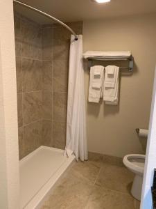 a bathroom with a shower and a toilet and towels at Apple Valley Hotel & Lodge in Apple Valley