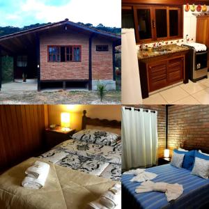 three pictures of a bedroom with a bed and a kitchen at Pousada Chales Joao de Barro in Visconde De Maua