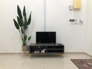 a black entertainment center with a tv and a plant at CasaStayz Kluang in Kluang