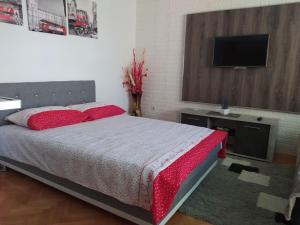 Schlafzimmer mit einem Bett mit roten Kissen und einem TV in der Unterkunft Apartman Bolero in Bijeljina