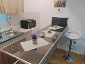 a kitchen with a counter with a sink and a microwave at Apartman Bolero in Bijeljina
