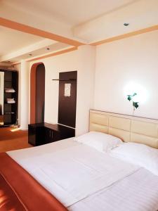 a bedroom with a large white bed and a desk at Asia Hotel in Târgu Jiu
