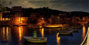 a group of boats docked in a harbor at night at Apartments Tanja in Zavalatica