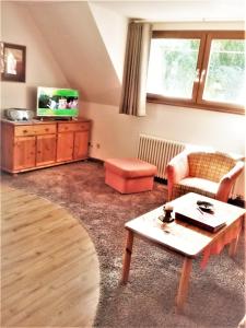 a living room with a couch and a tv at Ferienhaus im Park in Hinterzarten