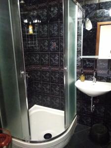 La salle de bains est pourvue d'une douche et d'un lavabo. dans l'établissement Villa Kalina Apartments, à Bansko