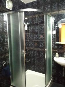 La salle de bains est pourvue d'une douche et d'un lavabo. dans l'établissement Villa Kalina Apartments, à Bansko
