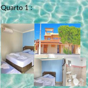 a collage of four pictures of a hotel with a pool at Pousada O Mineiro - frente para o rio in Galinhos