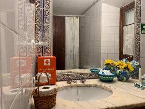 uma casa de banho com um lavatório e um espelho grande em Stone House - Sete Cidades em Sete Cidades