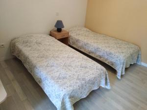 two beds in a room with a lamp on a night stand at Gite de vacances Residence La Babaute LES ROUSSES in Les Rousses