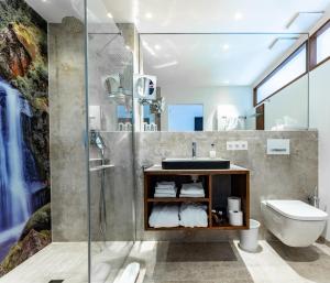 ein Bad mit einer Dusche, einem Waschbecken und einem WC in der Unterkunft Hotel Zum Ochsen in Schönwald