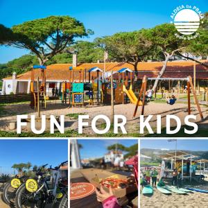 uma colagem de fotos de um parque infantil com a diversão de texto para as crianças em Oasis Backpackers Hostel Sintra Surf em Sintra