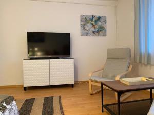 a living room with a flat screen tv and a chair at La Momo in Lupeni