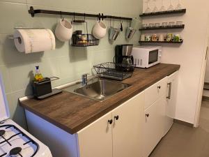 a kitchen counter with a sink and a microwave at La Momo in Lupeni