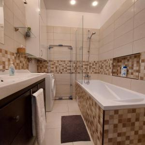 ein Bad mit einer Badewanne, einem Waschbecken und einer Dusche in der Unterkunft Ancsi Apartmant Kecskemét in Kecskemét