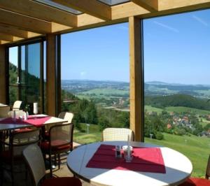 een eetkamer met tafels en stoelen en grote ramen bij Hubertusbaude in Waltersdorf