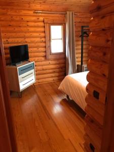 Dormitorio con cama y TV en una cabaña de madera en maison piscine chaufée, en Porto Vecchio