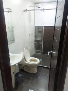 een badkamer met een toilet, een wastafel en een douche bij Estadia independiente en el campo Boyacense in Duitama