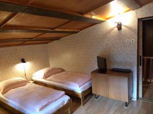 a bedroom with two beds and a tv on a desk at Chata Nika in Ružomberok
