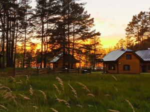 una casa de madera en un campo con la puesta de sol en el fondo en Vējciems en Liepene