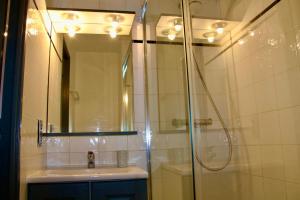 ein Bad mit einer Dusche, einem Waschbecken und einem Spiegel in der Unterkunft Modern Studio Proche Centre Chamonix in Chamonix-Mont-Blanc
