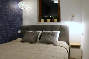 克里尼查謨爾斯卡的住宿－Apartament Morski，一间卧室配有带两个枕头的床和窗户