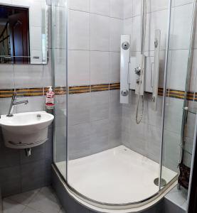 een badkamer met een douche en een wastafel bij Apartament High Hill in Zakopane