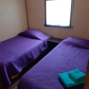 two beds in a small room with purple sheets at Cabaña centro Pitrufquen in Pitrufquén