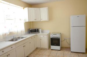 a kitchen with a white refrigerator and a sink at Bascombe Apartments in Kingstown
