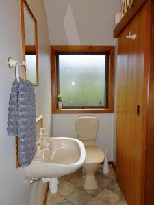 a bathroom with a sink and a toilet and a window at The Loft at Bealey in Arthur's Pass