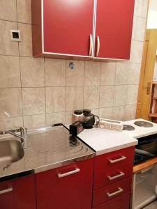 a kitchen with red cabinets and a sink at Apartment Nikitovic in Žabljak +52 photos
