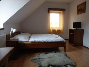 1 dormitorio con cama, ventana y alfombra en Penzion Dočkalův mlýn en Havlickuv Brod