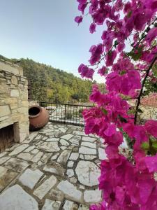 a tree with purple flowers on a stone patio at Blue Cottage in Apsiou