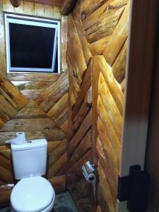 a bathroom with a toilet in a wooden wall at POUSADA FAZENDA PAIM in São José dos Ausentes +79 photos