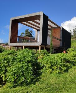 una casa con una gran ventana en la parte superior de un campo en Calheta Glamping Pods - Nature Retreat, en Calheta