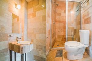 Hotel Granda Inn في توكستلا غوتيريز: حمام مع مرحاض ودش ومغسلة