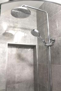 eine Dusche mit Duschkopf im Bad in der Unterkunft Pine Tree Lodge, Bridgnorth in Bridgnorth