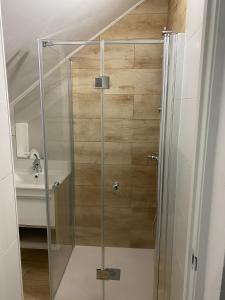 um chuveiro com uma porta de vidro na casa de banho em apartamentos la reina em Arcos de la Frontera