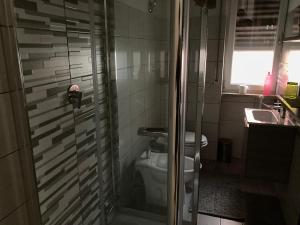 a bathroom with a toilet and a glass shower at Family in Potenza